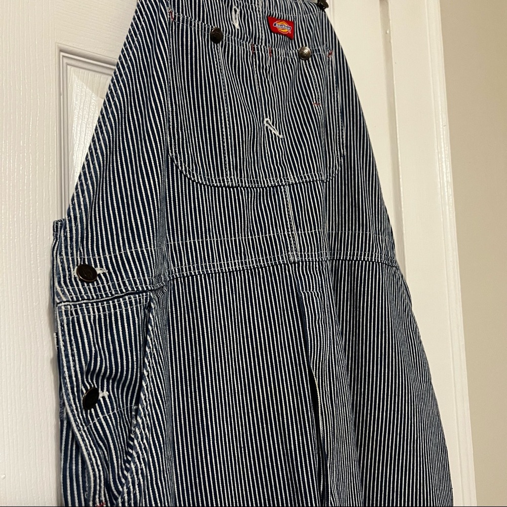 VINTAGE Dickies Blue White Hickory Striped 100% Cotton Bib Overalls - Picture 2 of 11